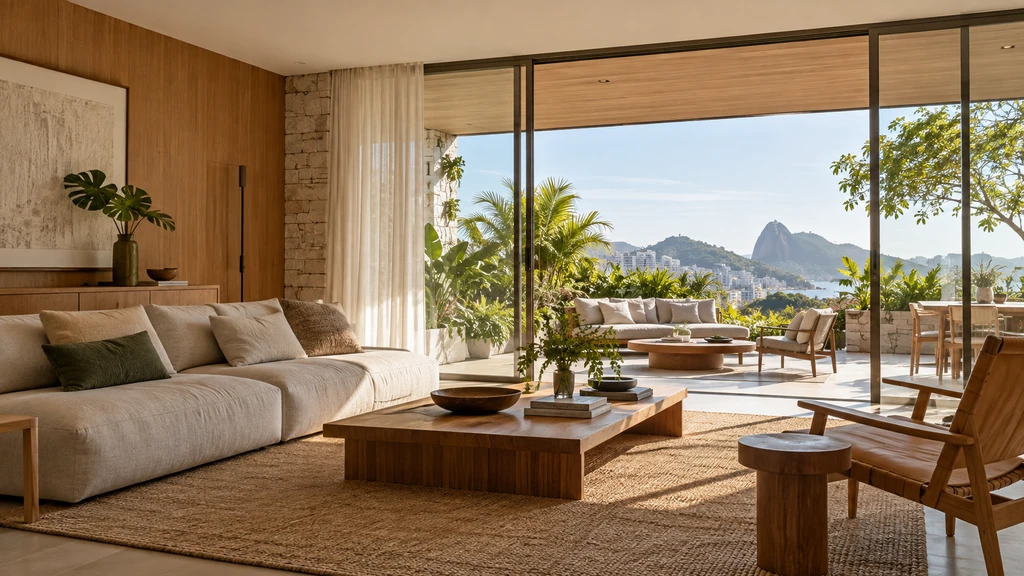 Sala ampla integrada à varanda por grandes portas de vidro com vista panorâmica.